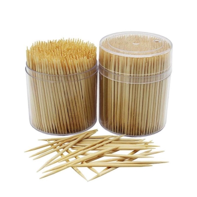 Picture of Bamboo Wooden Toothpicks 200-Piece Large Wood Round Toothpicks in Clear Plastic Storage Box  Sturdy Safe Double Sided Party, Appetizer, Olive, Barbecue, Fruit, Teeth Cleaning Toothpicks.