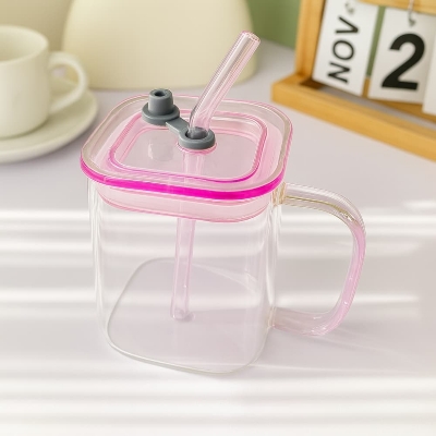 Picture of Premium 490ml Borosilicate Glass Cup with Lid & Straw