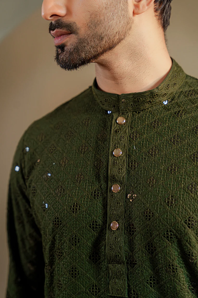 Picture of Ayaaz Embroidered Panjabi â€“ Olive Green