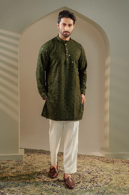 Picture of Ayaaz Embroidered Panjabi â€“ Olive Green