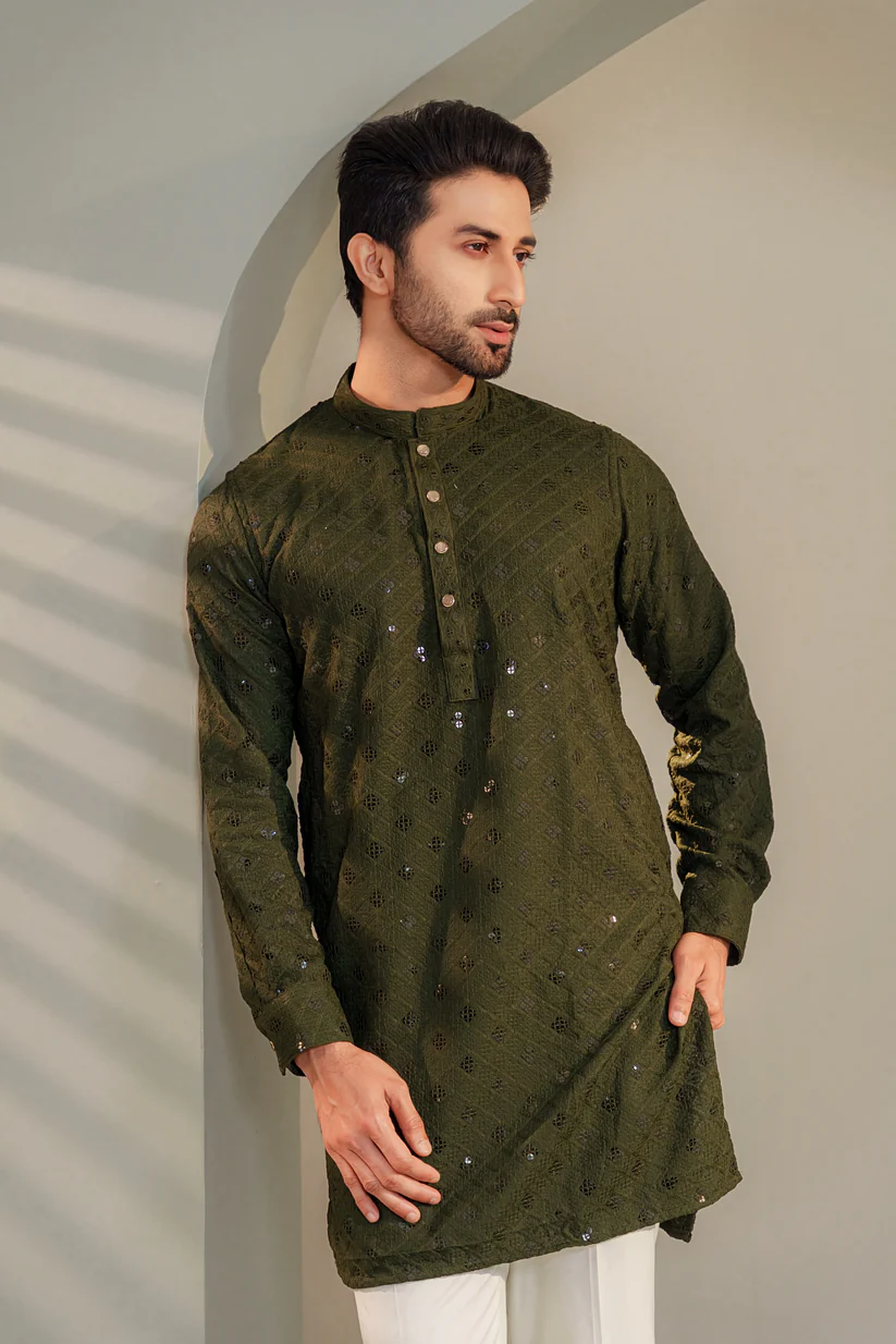 Picture of Ayaaz Embroidered Panjabi â€“ Olive Green