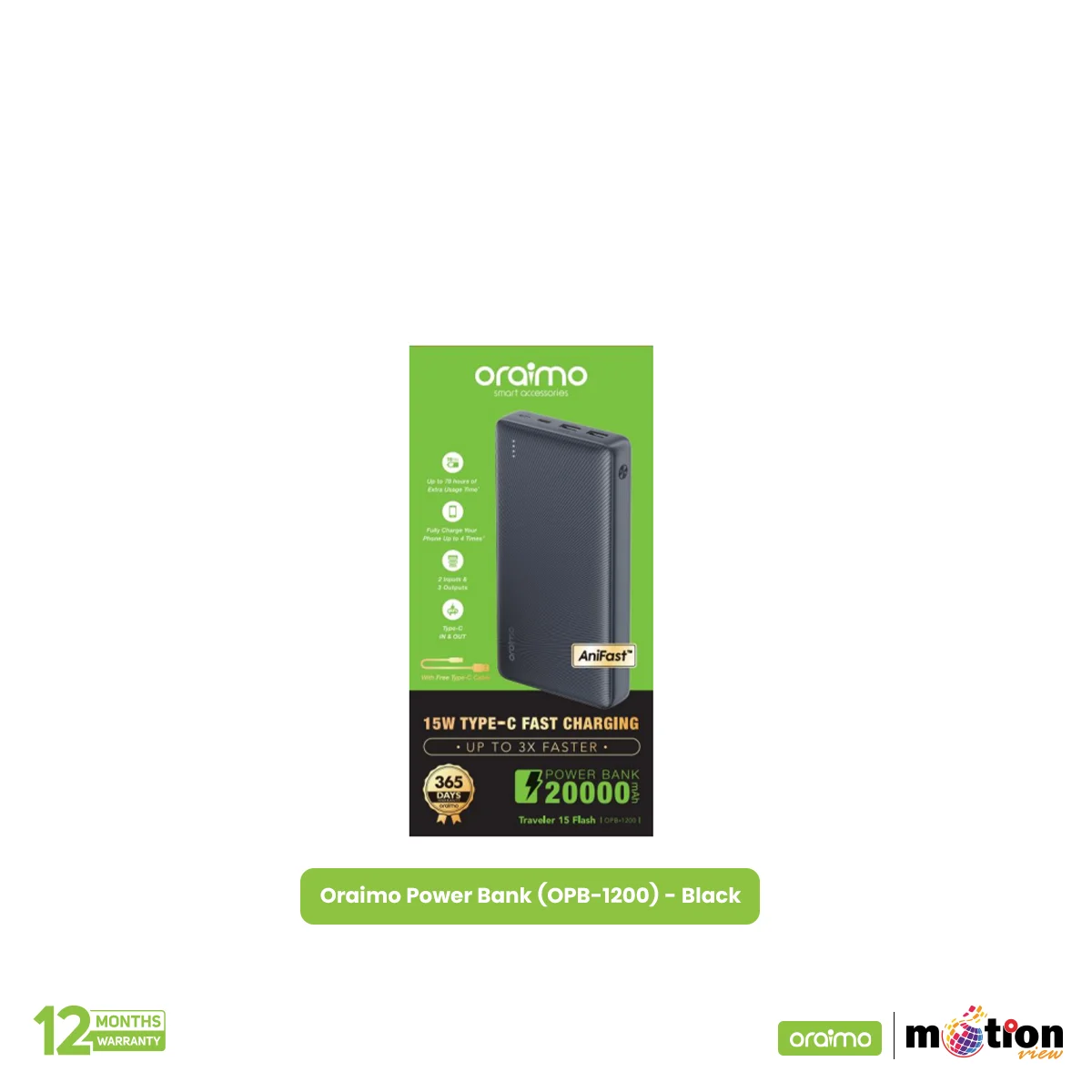 Picture of Oraimo 15w Type-C Fast Charging Power Bank (OPB-1200) - Black