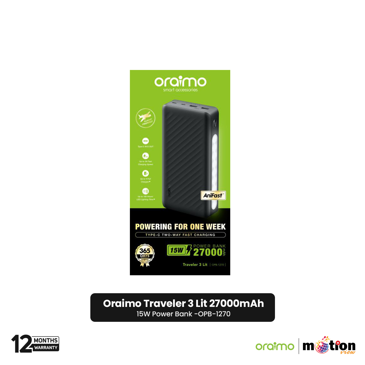 Picture of Oraimo Raveler 3 Lit 27000mAh 15W Power Bank (OPB-1270) - Black