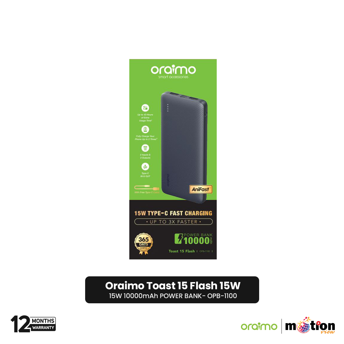 Picture of Oraimo 15W 10000mAh Power Bank Type C (OPB-1100) - Black