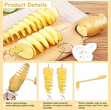 Picture of Spiral Chips Potato Cutter Set Stainless Steel Potato Twister Spiral Chips Potato Spiral Cutter with Handle & Spiral Cutter Sticks Potato Twister for Potato Tower