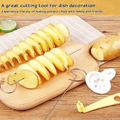 Picture of Spiral Chips Potato Cutter Set Stainless Steel Potato Twister Spiral Chips Potato Spiral Cutter with Handle & Spiral Cutter Sticks Potato Twister for Potato Tower