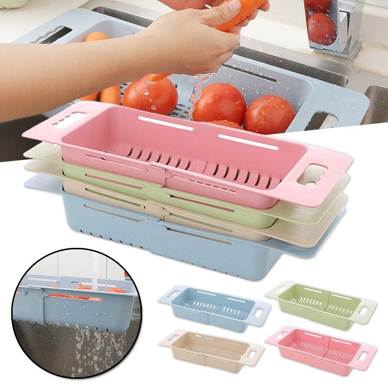 Picture of Adjustable Dish Drainer Sink Drain Basket Washing Vegetable Fruit Plastic Drying Rack Kitchen Access