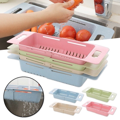 Picture of Adjustable Dish Drainer Sink Drain Basket Washing Vegetable Fruit Plastic Drying Rack Kitchen Access