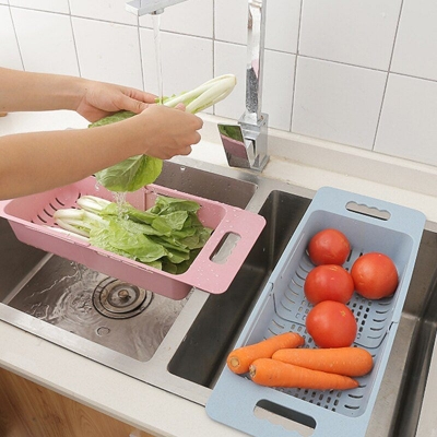 Picture of Adjustable Dish Drainer Sink Drain Basket Washing Vegetable Fruit Plastic Drying Rack Kitchen Access