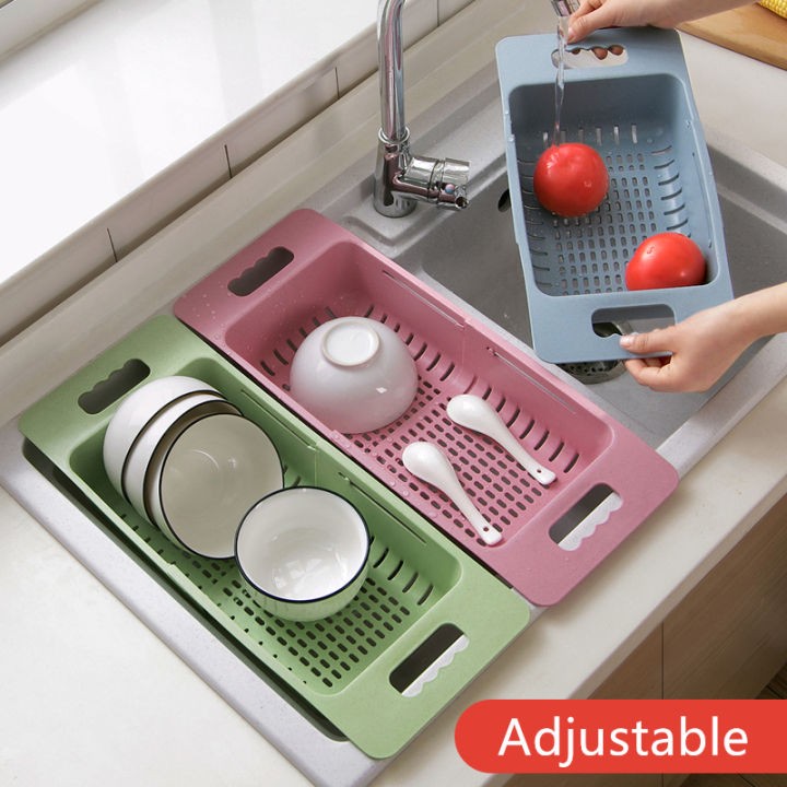 Picture of Adjustable Dish Drainer Sink Drain Basket Washing Vegetable Fruit Plastic Drying Rack Kitchen Access