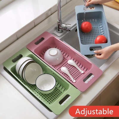 Picture of Adjustable Dish Drainer Sink Drain Basket Washing Vegetable Fruit Plastic Drying Rack Kitchen Access