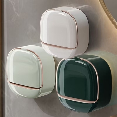 Picture of Soap Box Flip Lid Soap Dish Wall Mounted Soap Dish No Drilling Waterproof Soap Box with Drip Tray Self-Adhesive Soap Dishes for Bathroom and Kitchen