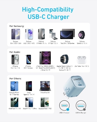 Picture of Anker Compact USB-C 25W Fast PD Wall Charger for Iphone, Samsung & Others (Cable Not Included)