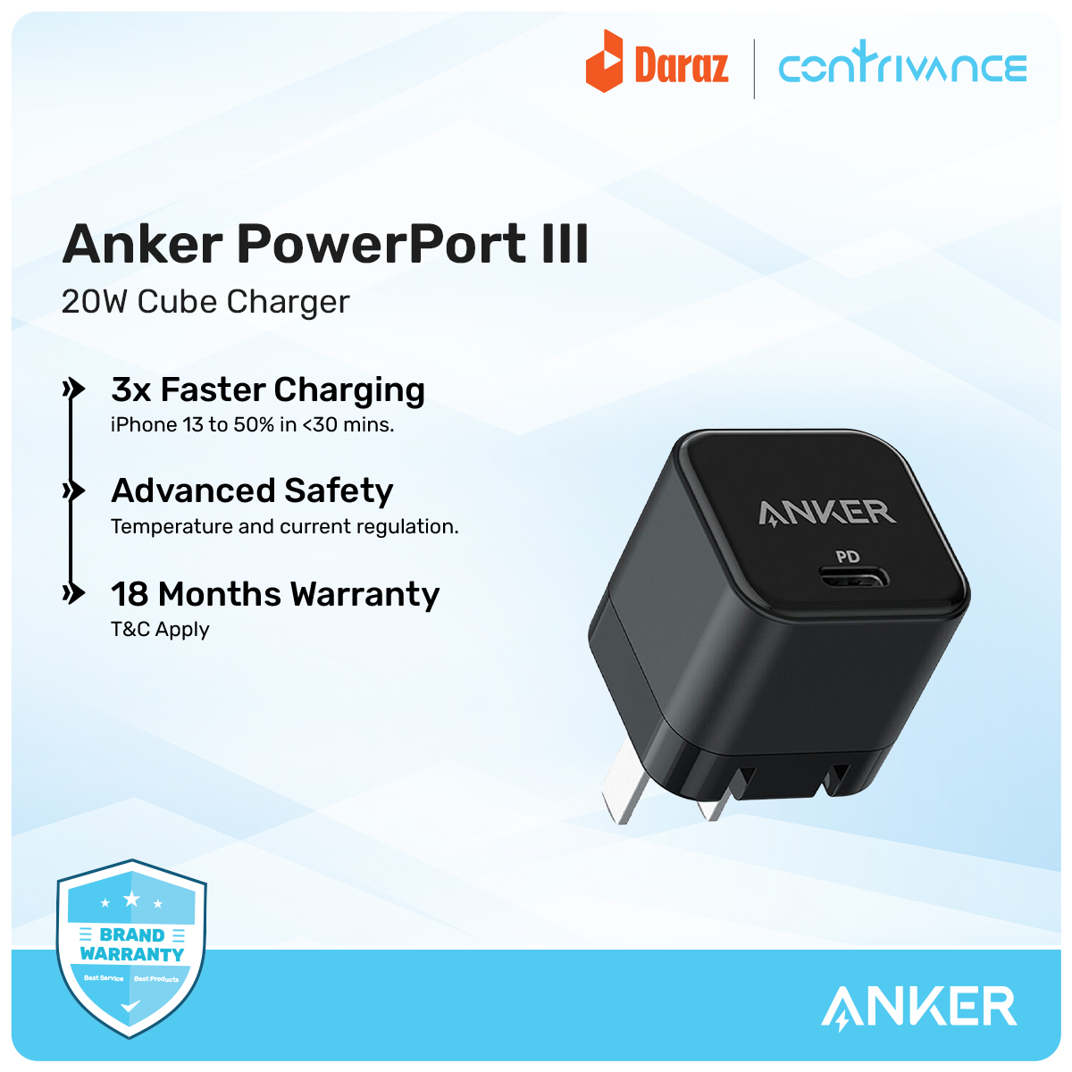 Picture of Anker PowerPort III 20W Cube Fast Charger For Iphone & Others (Cable Not Included)