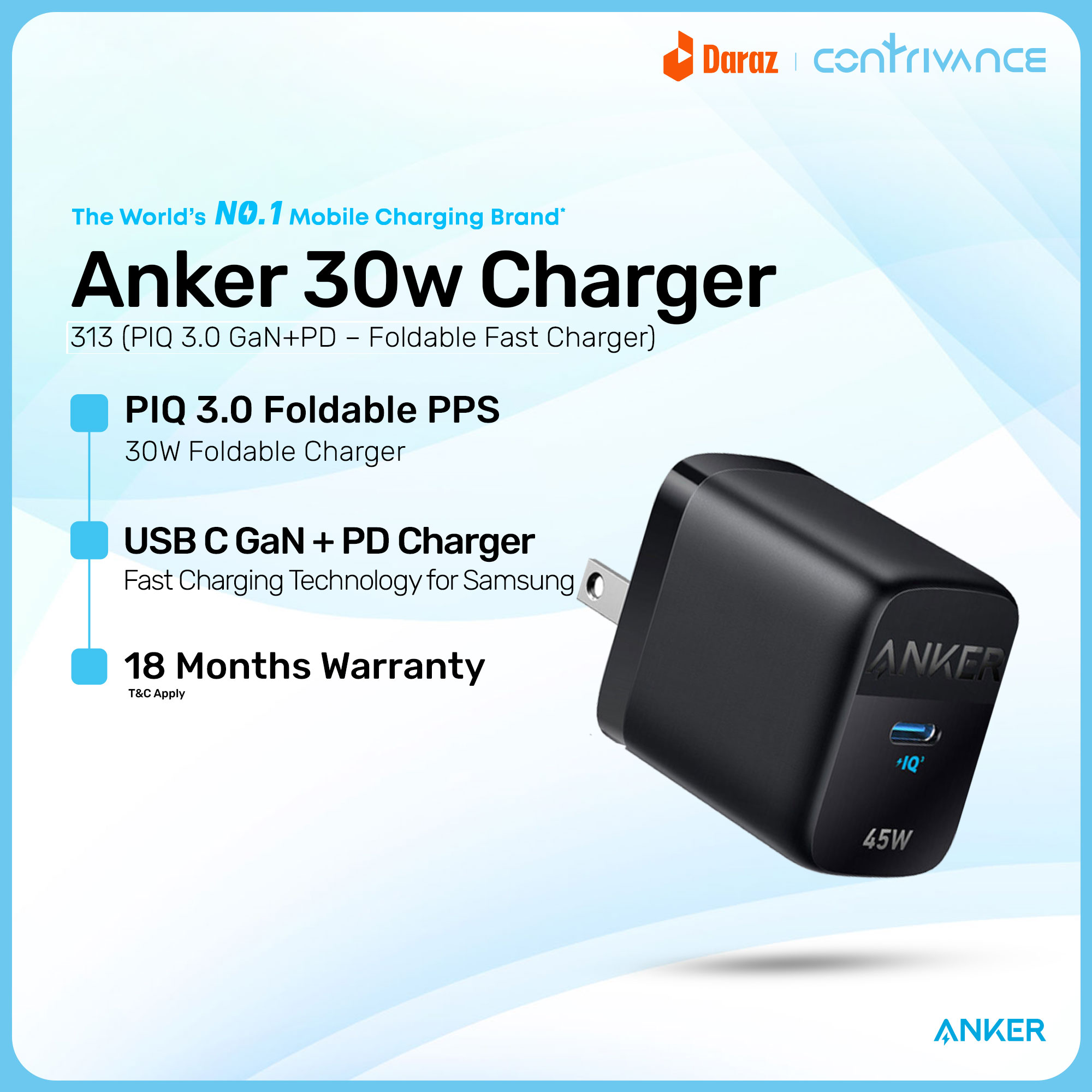 Picture of Anker 313 Ace 2 45W USB-C PD Fast Charger With GaN Technology for Phones, Tablets & Laptops (Cable Not Included)
