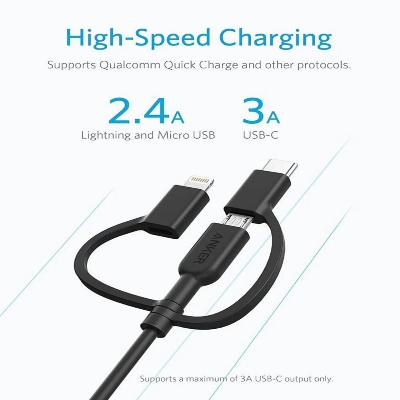 Picture of Anker Powerline II 3-in-1 Fast Charging Cable With USB-A to Lightning/USB-C/Micro USB (3ft)