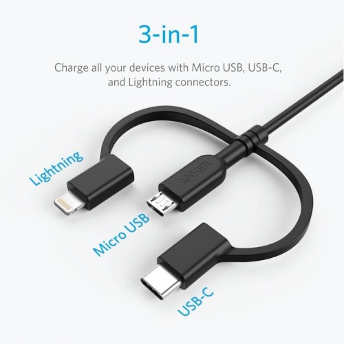 Picture of Anker Powerline II 3-in-1 Fast Charging Cable With USB-A to Lightning/USB-C/Micro USB (3ft)