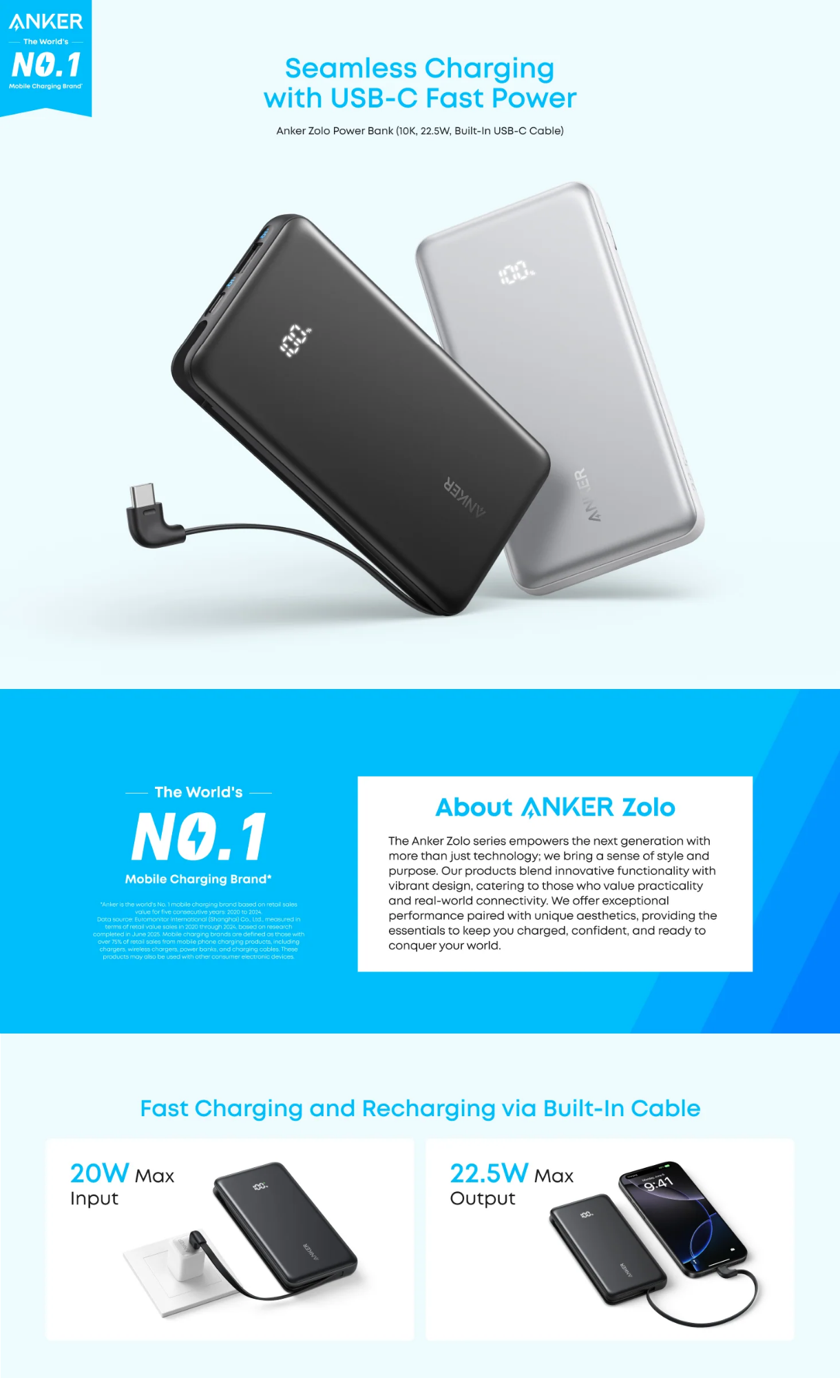Picture of Anker Zolo Power Bank 10K, 22.5W, Built-In USB-C Cable (Black)