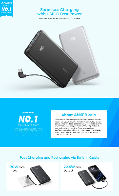 Picture of Anker Zolo Power Bank 10K, 22.5W, Built-In USB-C Cable (Black)