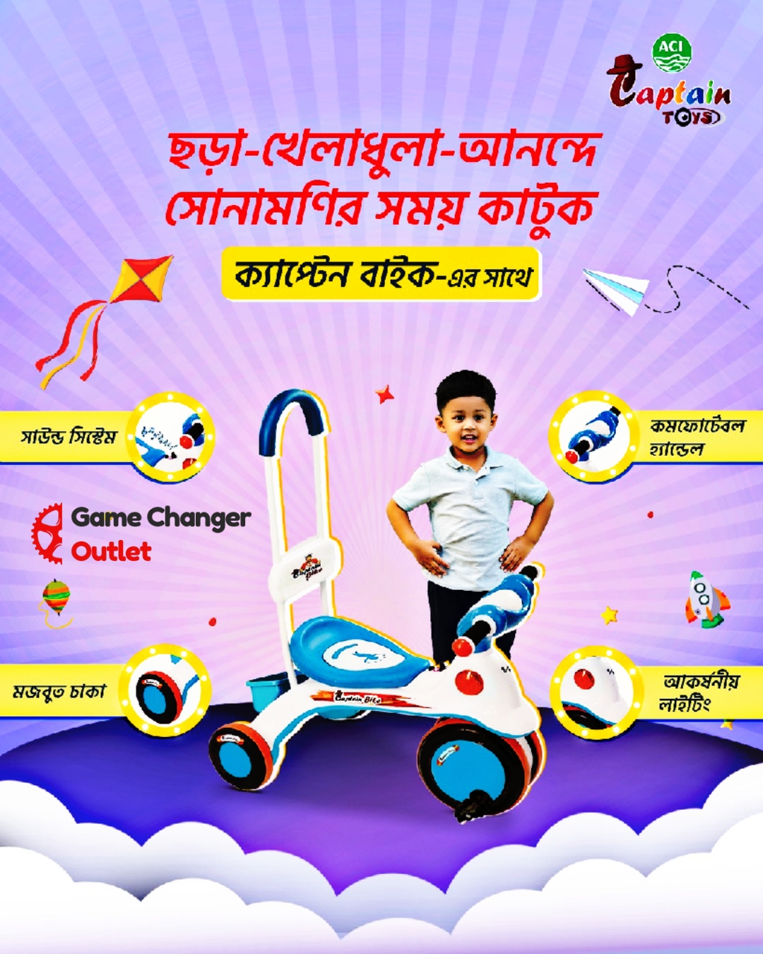 Picture of Captain Bike Trolly Pink/Blue/Purple Colour Baby Tricycle With Light & Music Button & Back Support Game Changer Outlet