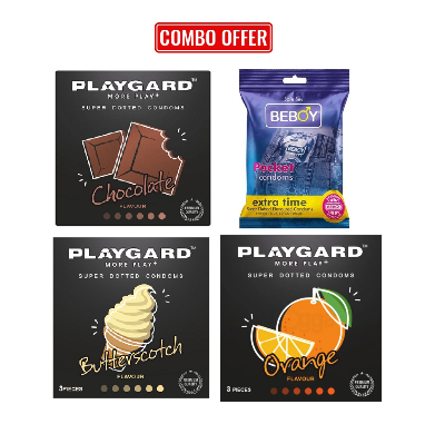 Picture of Playgard (Climax Combo Pack) Orange , Chocolate, Butterscotch, Beboy Extra Time Flavoured - DOTTED Condom 3x4 = 12Pcs Pack