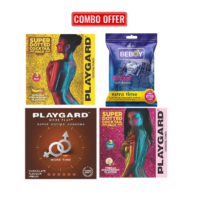 Picture of Playgard (Cocktail Combo Pack) Cocktail Vanila-Strawberry 3s, Chocolate 3s , Banana-Strawberry 3s, Beboy Extra Time 3s Super Dotted Condom - 3x4 = 12pcs Pack(India)
