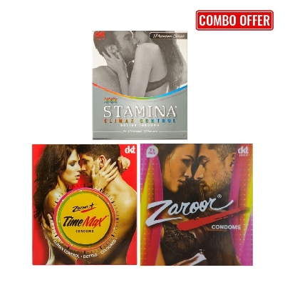 Picture of Zaroor XXX (Combo Pack) TimeMax 3s, Pink 3s , XXX Stamina 4s Climax Control Dotted Coloured Condom - 10Pcs Pack