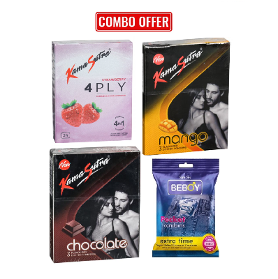 Picture of Kamasutra (Fruit Combo Pack) 4FLY Strawberry ,Mango, Chocolate, Beboy Extra Time Flavoured Condom 3x4 = 12pcs Pack(India)