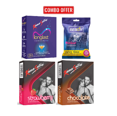 Picture of Kamasutra (Warm Combo Pack) Strawberry ,Long Last,  Chocolate, Beboy Extra Time Flavoured Condom 3x4 = 12pcs Pack(India)