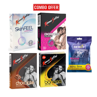 Picture of Kamasutra ( Mini Combo ) Skinfeel ,Banana , Chocolate , Dotted , Beboy Extra Time Flavour Condom 3x5 = 15pcs Pack(India)