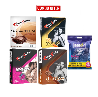 Picture of Kamasutra (Winter Combo Pack) Super Thin Chocolate, Mango , Dotted , Chocolate, Beboy Extra Time Flavoured Condom 3x5 = 15pcs Pack(India)