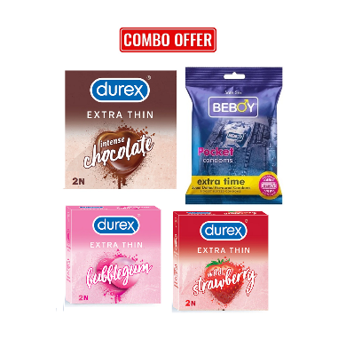 Picture of Durex Super Mini Combo - Extra Thin Strawberry, Chocolate, Bubblegum, Beboy Flavoured Condom - 2x4 = 8Pcs Pack(India)