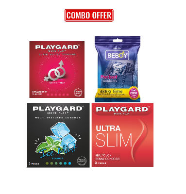 Picture of Playgard (Cool Combo Pack) Strawberry , Ice mint , Slim , Beboy Extra Time Flavoured DOTTED Condom 3x4 = 12Pcs Pack