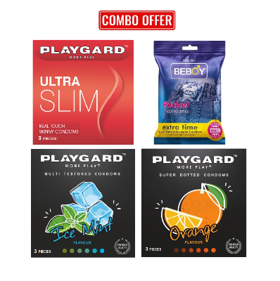 Picture of Playgard (Climax Combo Pack) Orange , Ultra Slim , Ice Mint, Beboy Extra Time Flavoured - DOTTED Condom 3x4 = 12Pcs Pack