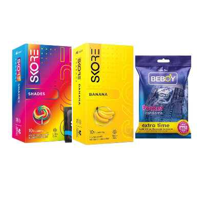 Picture of Skore Shadeup Combo = 23Pcs Condom - Skore Shades 1500+ Dots 10s + Skore Banana 10s + Beboy Extra Time 3s