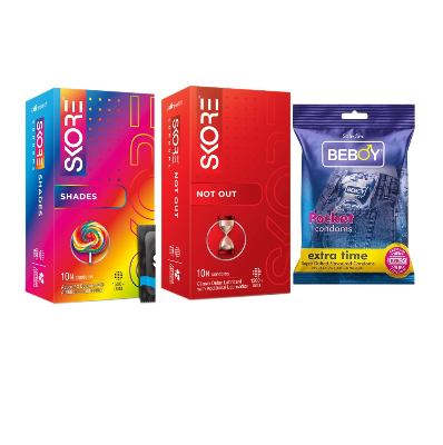 Picture of Skore Truefeel Combo = 23Pcs Condom + Skore Shades 10s + Skore Not Out 10s + Beboy Extra Time 3s