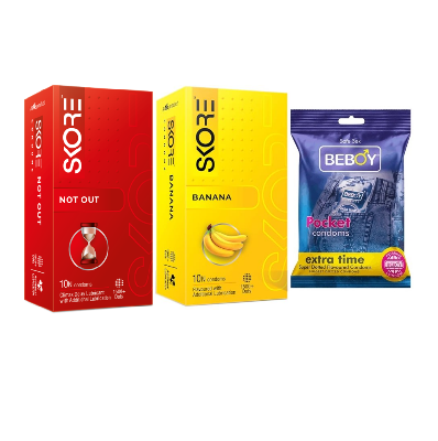 Picture of Skore Timeout Combo = 23Pcs Condom - Skore Not Out 10s + Skore Banana 10s + Beboy Extra Time 10s