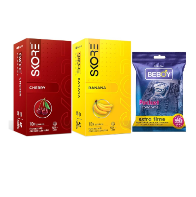Picture of Skore Highpress Combo = 23Pcs Condom - Skore Cherry 1500 Dots 10s + Skore Banana 1500+ Dots 10s + Beboy Extra Time 3s