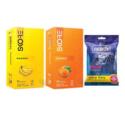Picture of Skore Care Combo = 23Pcs Condom - Skore Banana 1500 Dots 10s + Skore Orange 1500+ Dots 10s + Beboy Extra Time 3s