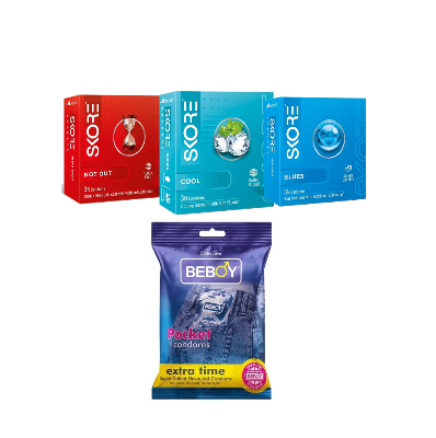 Picture of Skore Coloured Combo = 12Pcs Condom + Skore Not Out 3s + Skore Cool 3s + Skore Blues 3s + Beboy Extra Time 3s Condom