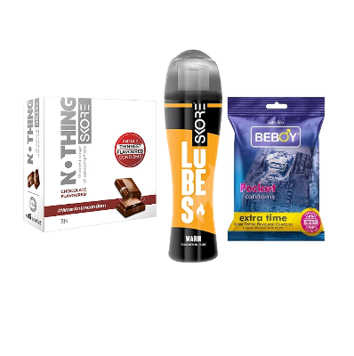 Picture of Skore Warm Combo = 6Pcs Condom + Skore Warm Lube Gel 60ml + Skore Nothing Chocolate 3s + Beboy Extra Time 3s