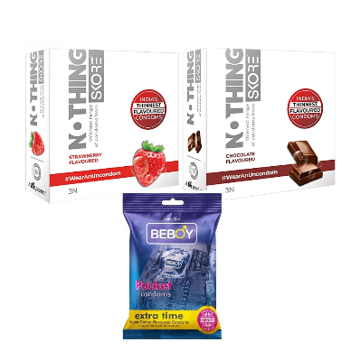 Picture of Skore Thennest Combo = 9Pcs Condom + Skore Nothing Strawberry 3s + Nothing Chocolate 3s + Beboy Extra Time 3s