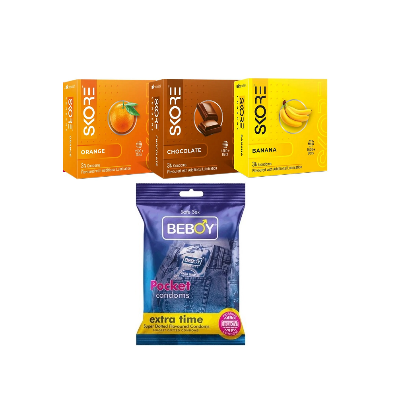 Picture of Skore Flavoured Combo = 12Pcs Condom + Orange 3s + Banana 3s + Chocolate 3s + Beboy Extra Time 3s Condom