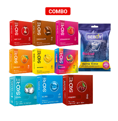 Picture of Skore Value Pack Combo = 30Pcs Condom + Skore Not Out 3s + Chocolate 3s+ Strawberry 3s + Orange 3s + Banana 3s + Shades 3s + Cool 3s + Blues 3s + Cherry 3s + Beboy 3s