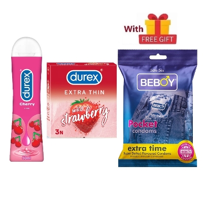 Picture of Durex Fruitfill Combo = 3Pcs Condom + Durex Cherry Lube Gel + Durex Extra Thin Strawberry Condom 3s + With Free Gift Beboy Condom 3s