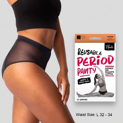 Picture of Floren Reusable Period Panty For Women| Leakproof Period Panty | Wide Coverage | Stain free Period Panty | No Need Pads | Washable upto 60 times | (Black) (L Size 32-34)