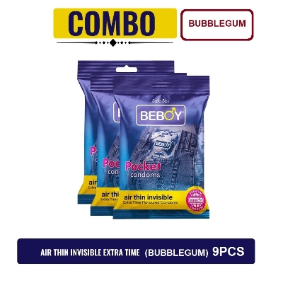 Picture of Beboy Extra Time Air Thin Invisible Condom (BubbleGum Flavour) Pouch Pack (Combo) 3x3 - 9Pcs (India)