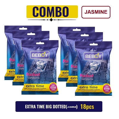 Picture of Beboy Extra Time Super Big Dotted Condom (Jasmine Flavoured) Pouch Pack (Combo) 3x6 - 18Pcs(India)