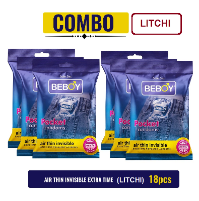 Picture of Beboy Extra Time Air Thin Invisible Condom (Litchi Flavour) Pouch Pack (Combo) 3x6 - 18Pcs (India)