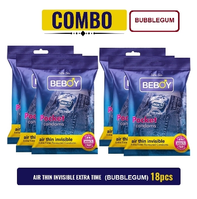 Picture of Beboy Extra Time Air Thin Invisible Condom (BubbleGum Flavour) Pouch Pack (Combo) 3x6 - 18Pcs (India)